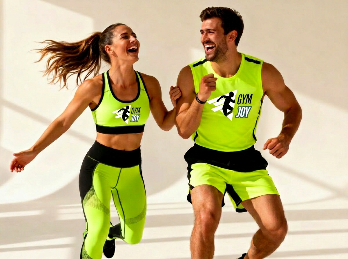 Gym Joy athletes laughing in neon activewear